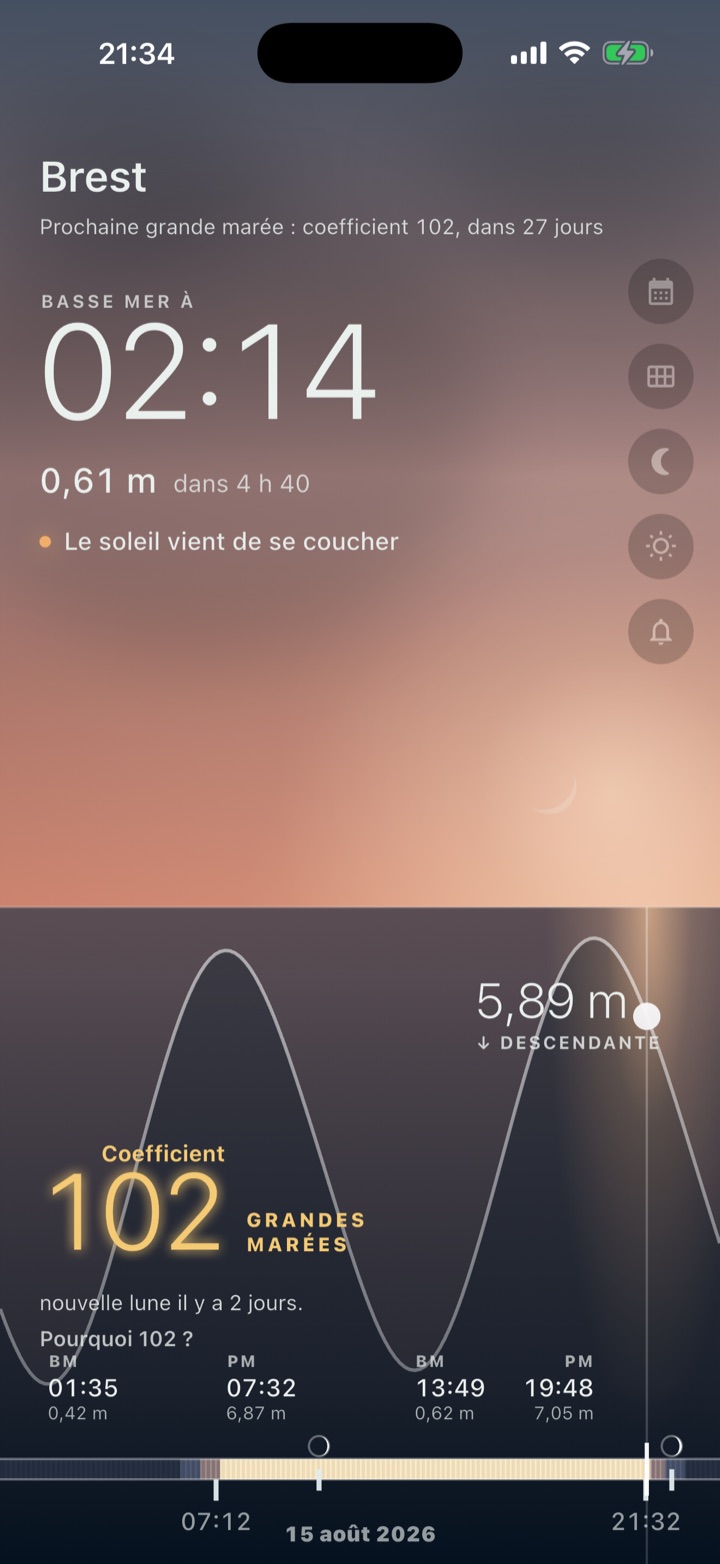 Capture d'écran de l'app Grandes Marées : un couchant et un croissant de lune